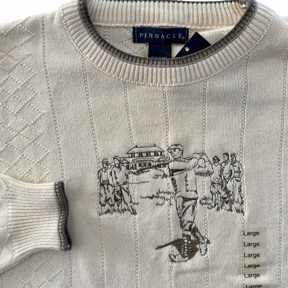 Vintage Pinnacle Golf Sweater SIZE L Embroidered Ivory Textured Crewneck NEW 90s